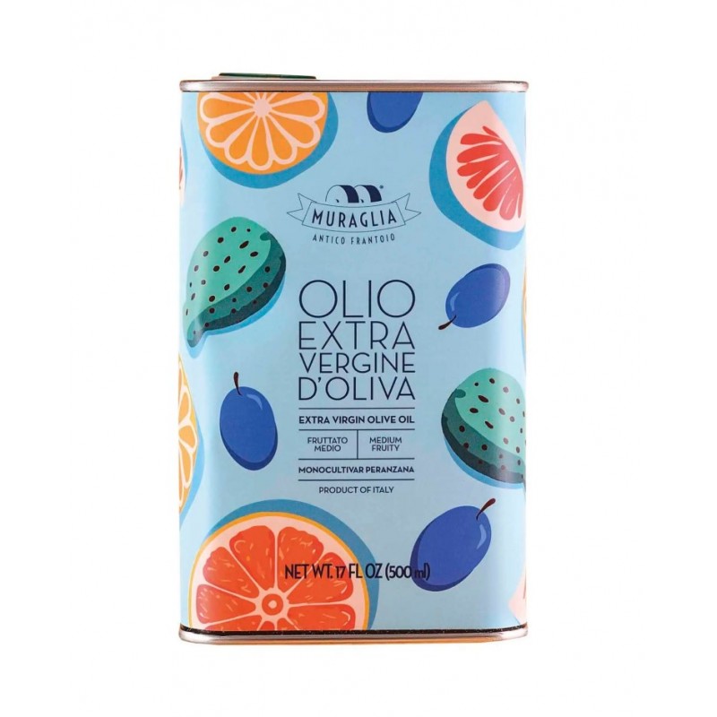 BIDON DE HUILE D'OLIVE DECORS "Les fruits Méditerranéens Bleu Ciel" (Fruit  intense)